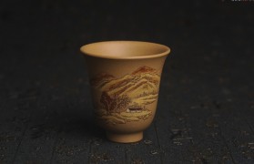 宜兴紫砂杯100cc泥绘山水小容量主人杯宜兴紫砂杯价格