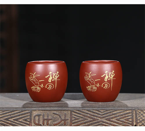宜兴紫砂杯原矿大红袍描金品茗杯纯手工紫砂杯宜兴紫砂杯价格